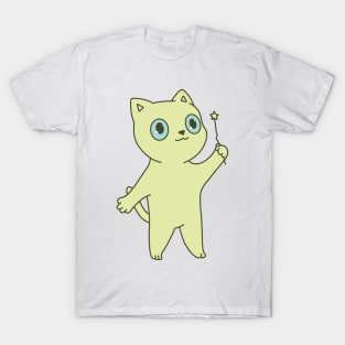 Cute green cat illustration magic wand T-Shirt